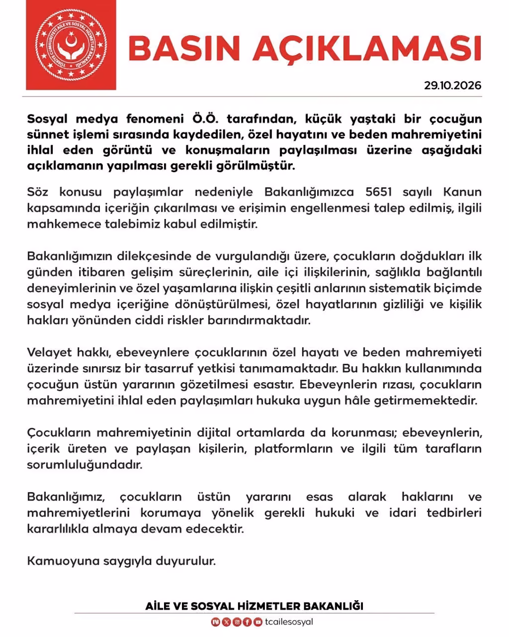 Aile ve Sosyal Hizmetler Bakanlığı: "Çocukların mahremiyetinin dijital ortamlarda da korunması tüm tarafların sorumluluğundadır"