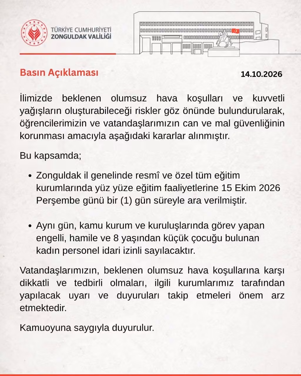 Zonguldak’ta eğitime bir gün ara verildi