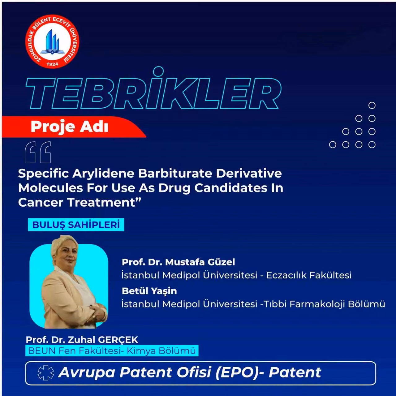 BEUN öğretim üyesinin Avrupa patent başvurusu kabul edildi