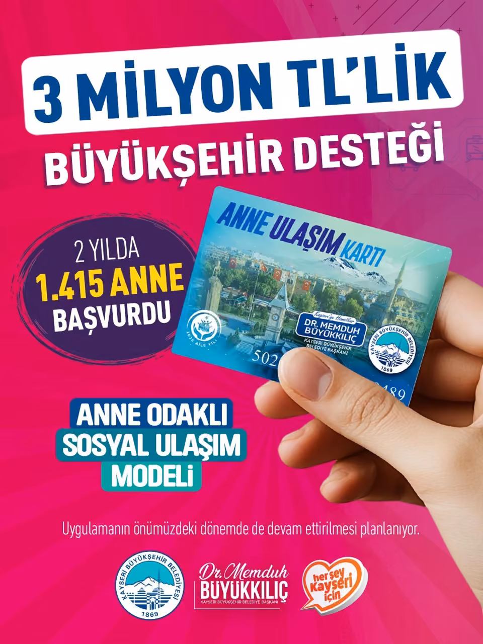 ‘Anne Ulaşım Kartı’ ile annelerin ulaşımına 3 milyon TL’lik büyükşehir desteği