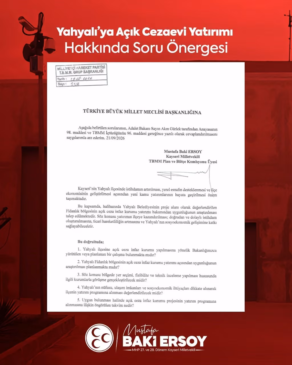 Baki Ersoy’dan Yahyalı’ya açık cezaevi yatırımı için soru önergesi