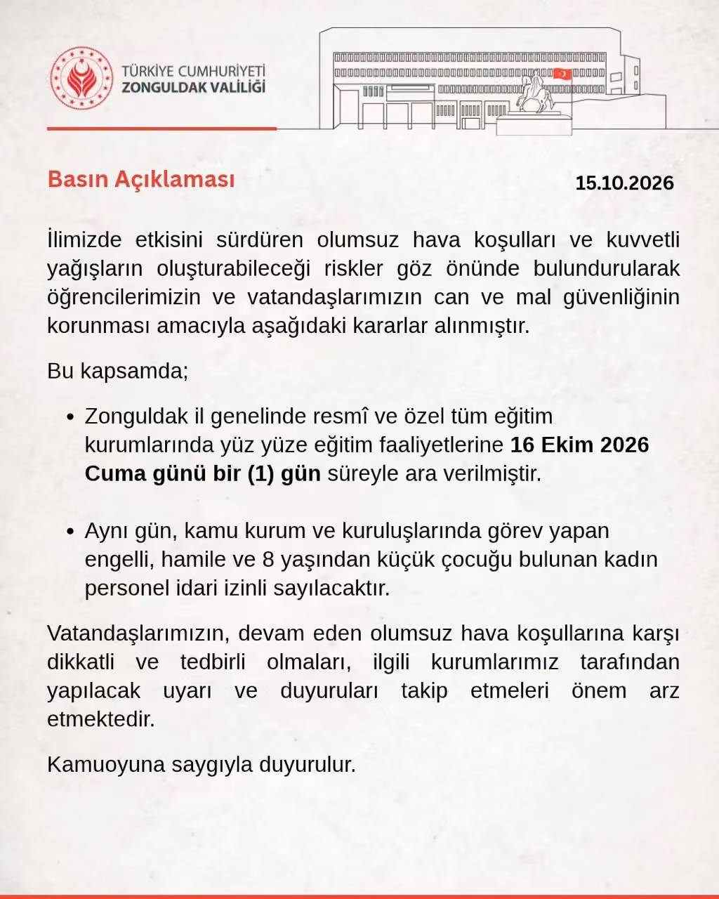 Zonguldak Valiliğinden yağış kararı: Okullara bir gün ara, bazı personele idari izin