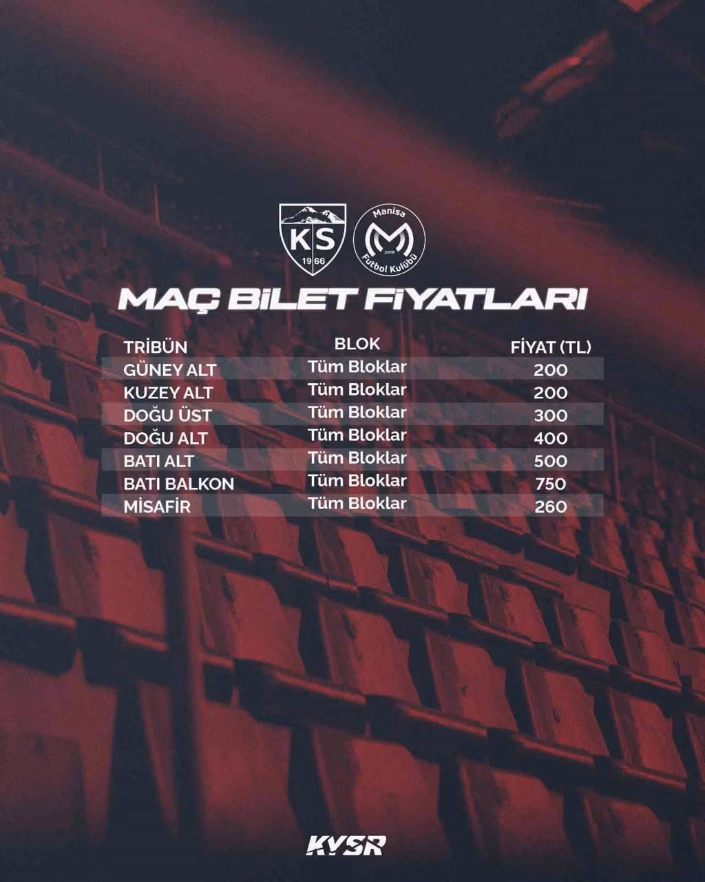 Kayserispor-Manisa FK maçının bilet fiyatları belli oldu